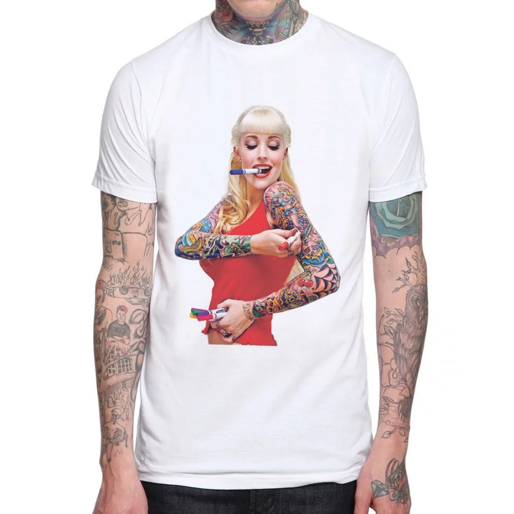 

Sexy Tattoo Girl#2 Ink Rock Punk Pin Up Hot Rod Lucky Men White T-shirt Party Tees Hight Quality Cotton Print T Shirt