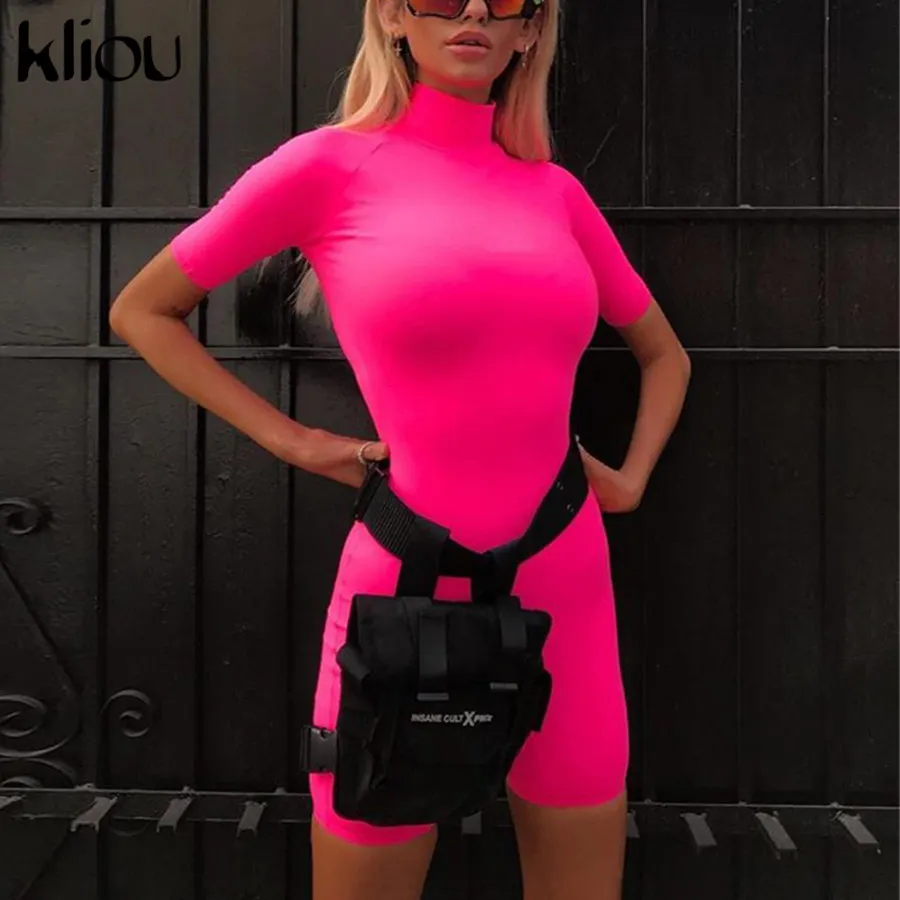 Kliou 2019 جديد وصول الصلبة الإسفار playsuits الربيع الصيف الياقة المدورة قصيرة الأكمام نحيل الإناث الأزياء الشارع ارتداءها