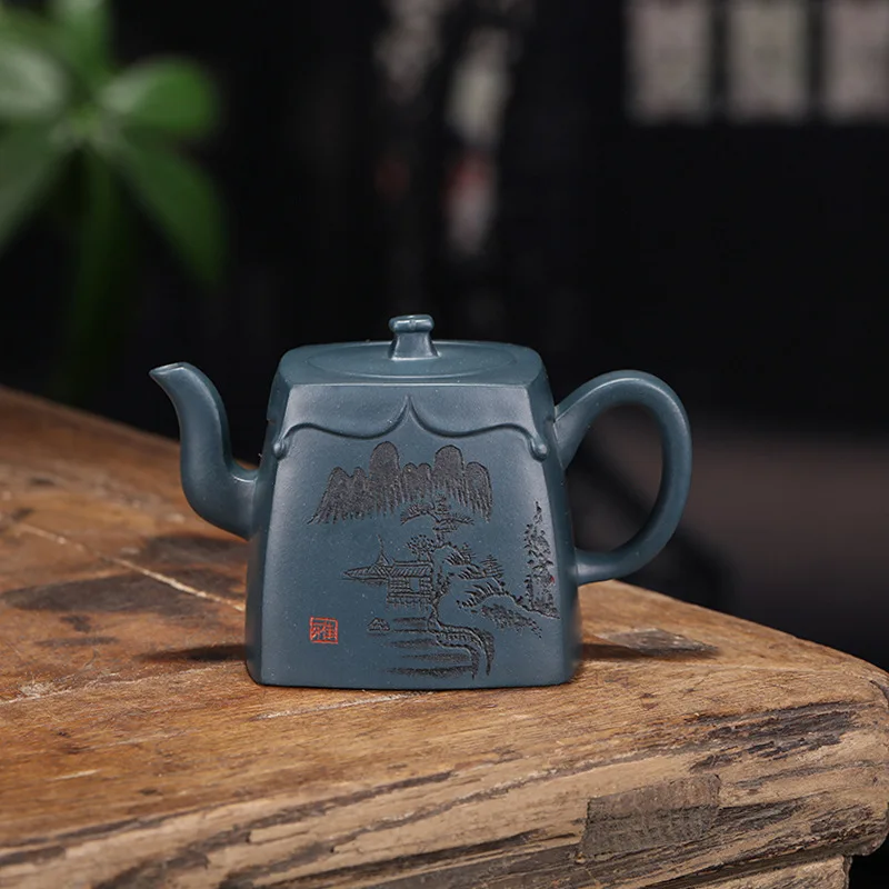 

Yixing Raw Ore Dark-red Enameled Pottery Teapot Square Royal Jade Azure Xu Xu Zhi New Pure Manual Tea Set