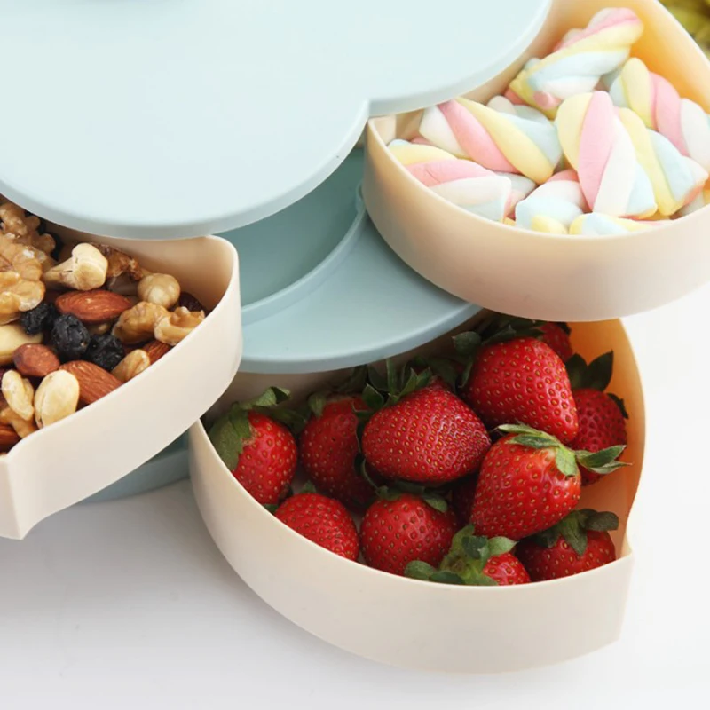 

Creative Petal Rotating Fruit Container Food Melon Seeds Snacks Nut Candy Storage Boxes Plastic Fruit Plate Kitchen Organizer