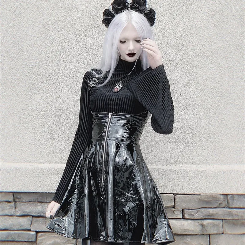 

Gothic PU Leather Women Dress PVC PU Leather Spaghetti Strap Hip Hop Dress Sexy Solid Sundress Plus Size Women Dresses