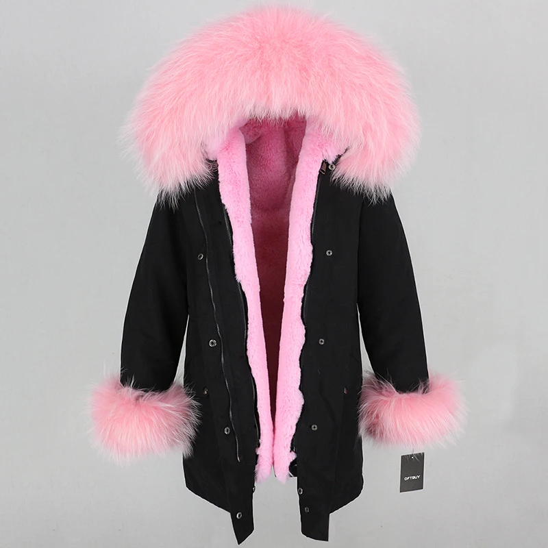 OFTBUY, водонепроницаемая длинная парка, пальто с настоящим мехом, зимняя куртка для женщин, воротник из натурального меха енота, манжеты, мех, Толстая теплая уличная одежда - Цвет: black pink