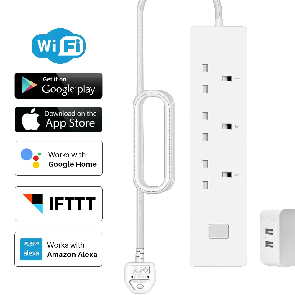 

UK Wifi Smart Power Strip Socket Plug Universal Adapter 2 USB Socket 3 AC Outlets APP Control Compatible With Alexa Google Home