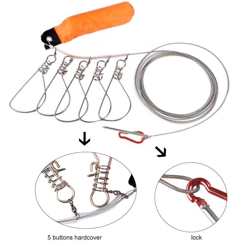 5 защелок/10 защелок нержавеющая сталь живая Рыбалка Стрингер стальная стропа большой рыбный замок с поплавок, рыболовные снасти инструменты