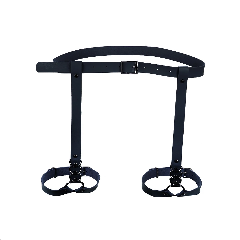 

Sexy Harajuku Handmade Leather Punk Goth Bow Garter Belts Leg Ring with 2 Suspenders Straps and Detachable O-ring leg harness