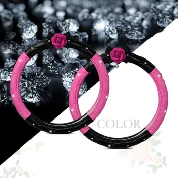 

Two-Tone Steering Wheel Cover Case Leather Camellia Crystal Lady Car Steering-Wheel Covers For Woman Girls Auto Accessories