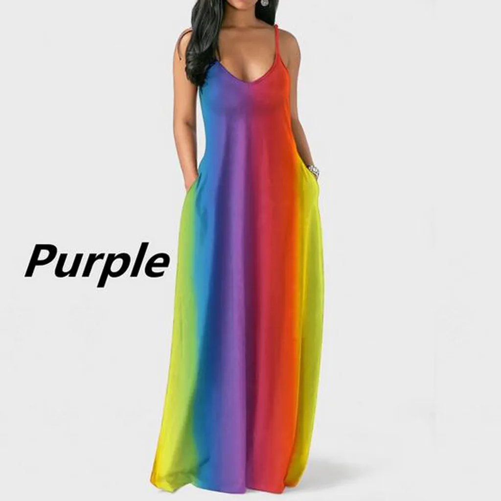 Dress Women Rainbow Print Long Straps V Neck Sleeveless Pockets Boho maxi dress summer elegant dresses woman party night 2019#G8 Dress Women Rainbow Print Long Straps V Neck Sleeveless Pockets Boho maxi dress summer elegant dresses woman party night 2019#G8