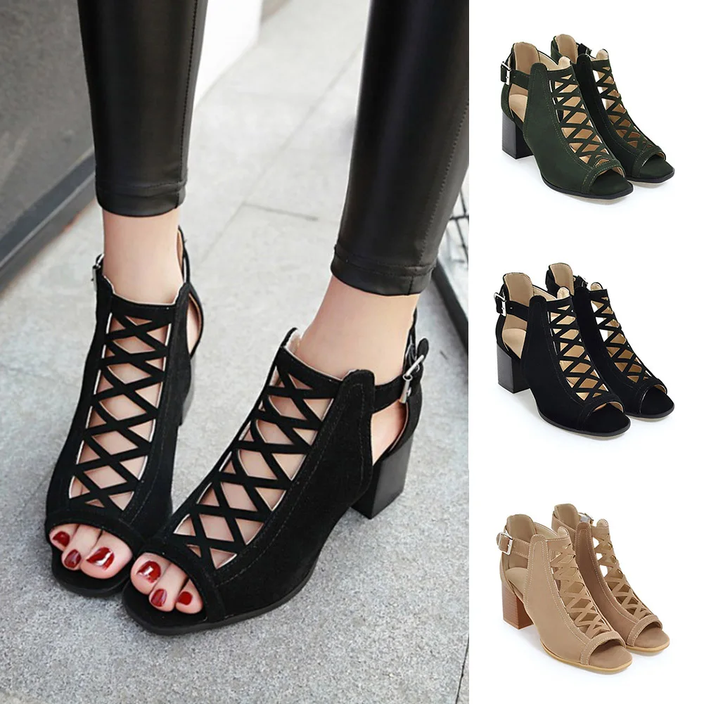 

2019 Fashion Women's Matte Thick Heels Sandals Summer Large Size Hollow Out Fish Mouth Open Toe High-Heeled Office Party Shoes