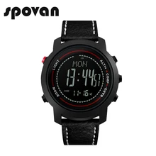 SPOVAN модные черные мужские часы из натуральной кожи ремешок 50 м водонепроницаемый компас Pacer светодиодный Многофункциональный для мужчин спортивные часы MG01