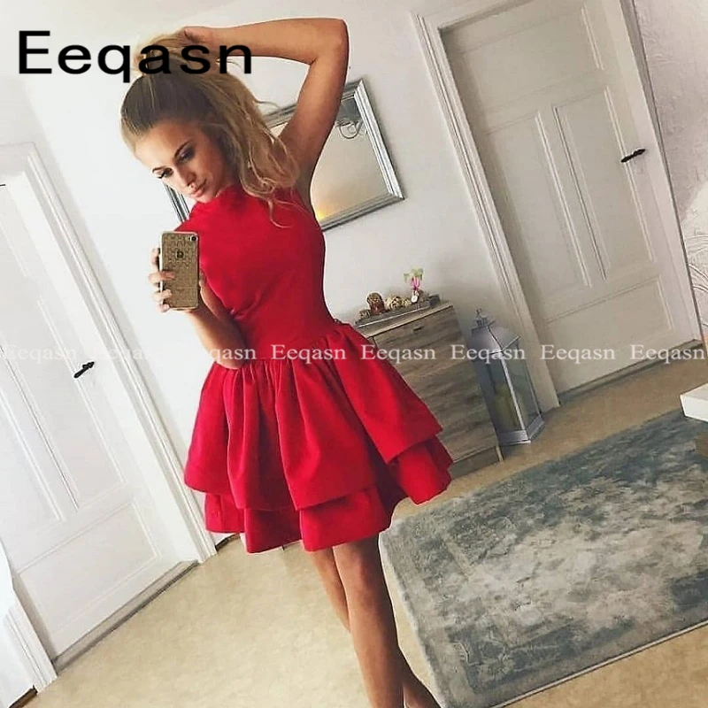 

Red Short Cocktail Dress 2019 Sleeveless Elastic Satin Sexy Short robe de cocktail courte A-Line Short Prom Gowns Homecoming