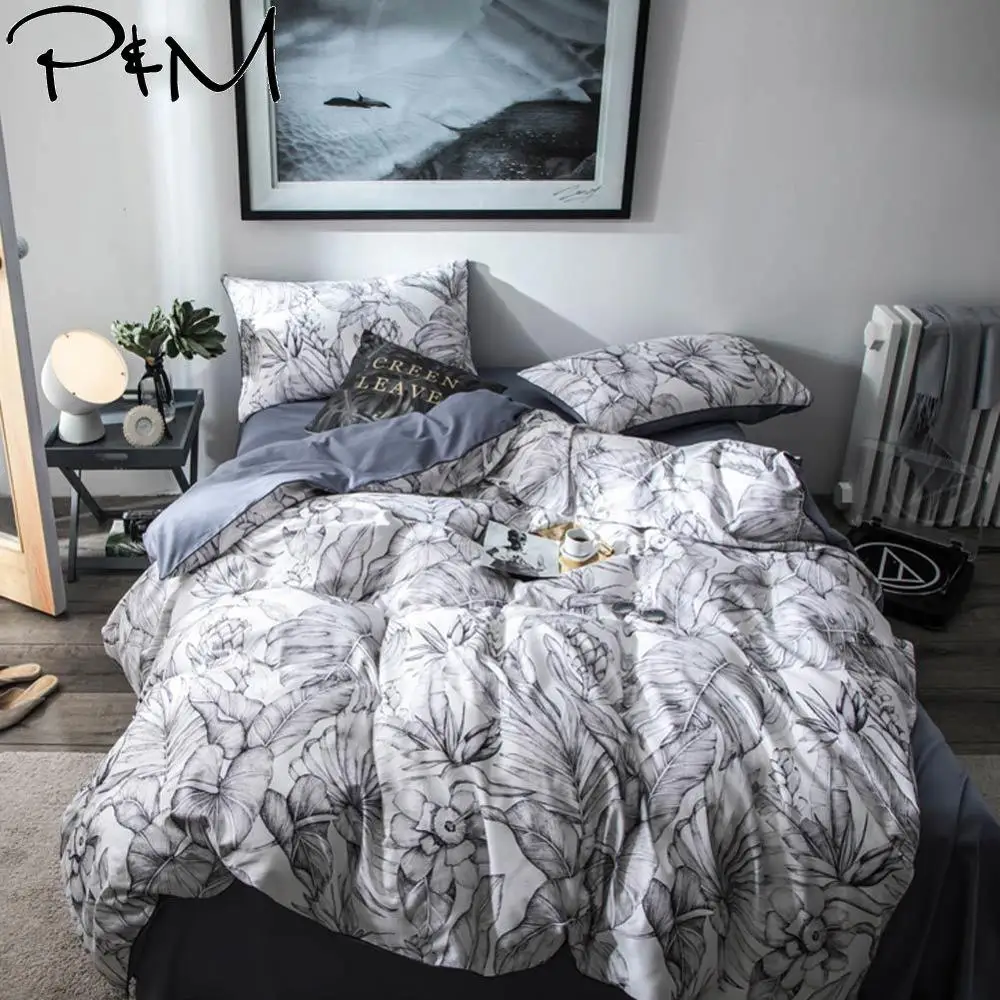 Простой набор постельного белья с серыми листьями в скандинавском стиле, постельное белье королевского размера, набор пододеяльников из египетского хлопка