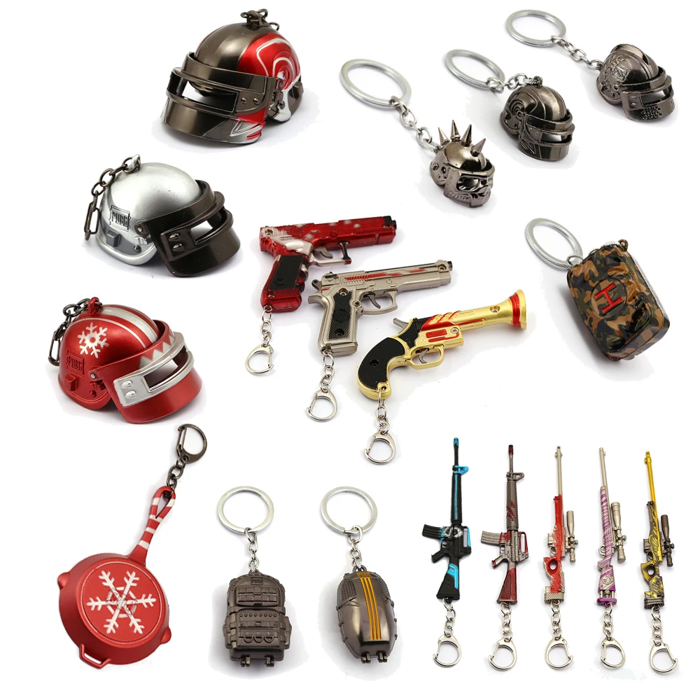 

2019 Hot Game New PUBG CS GO Weapon Keychains Gun Model AK47 98K Bag Pans Mini Helmet Metal Pendant Sniper Rifle Men Keyrings