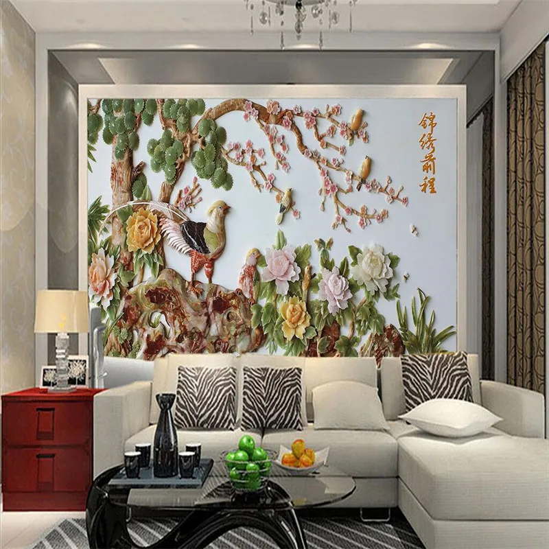 

beibehang Home Decor Peony Plum jade bird Murales De Pared 3d Wallpaper Hotel Background Modern Mural for Living Room