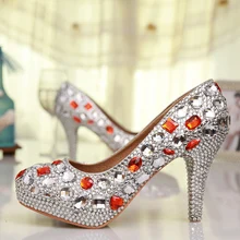 Handmade Silber Strass Rot Kristall Hochzeit Schuhe Freies Verschiffen Luxus Runde Kappe High Heel Brautjungfer Schuhe Prom High Heels