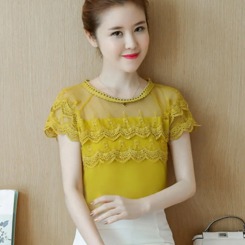 2018 O Neck Short Sleeve Lace Patchwork Chiffon Shirts