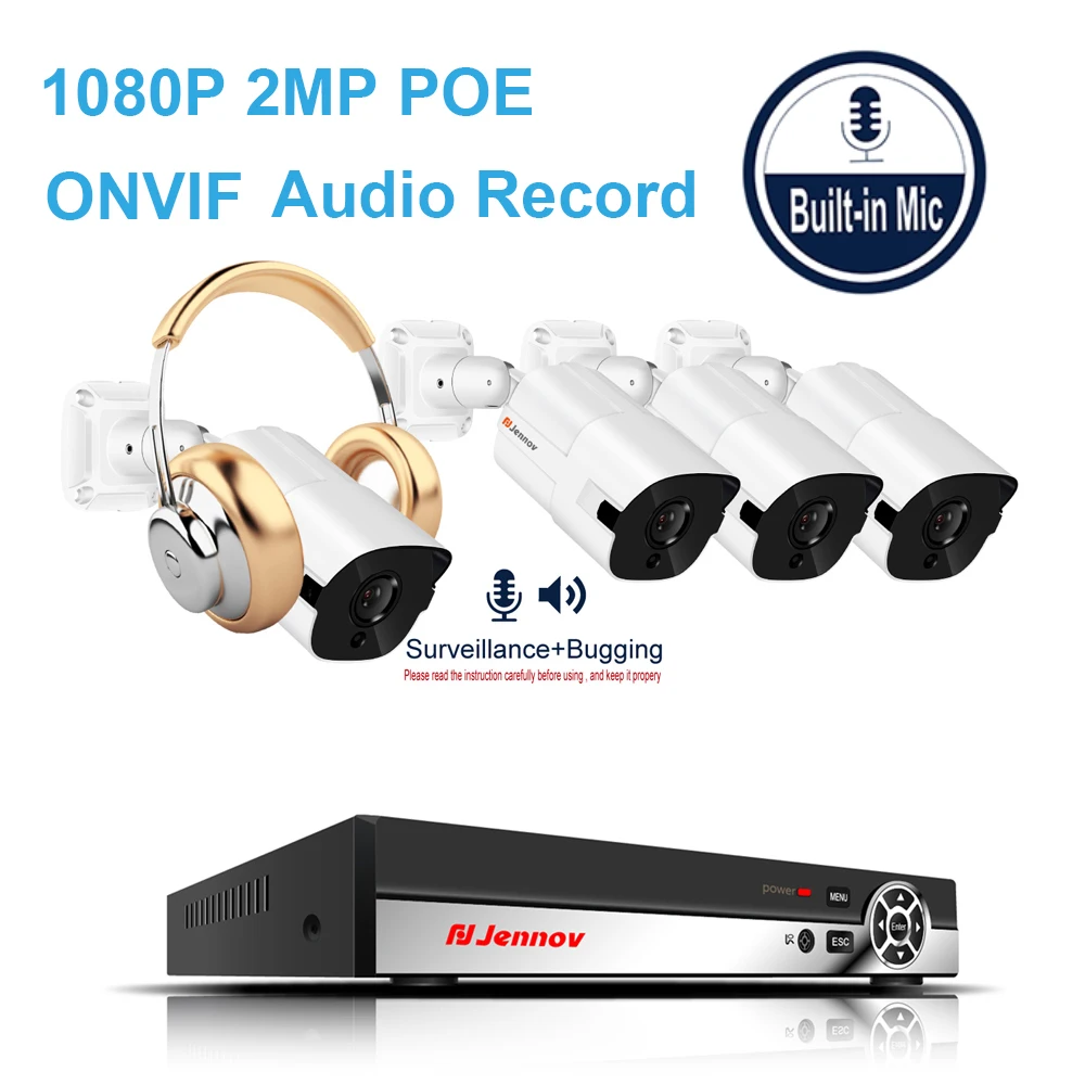

4CH 1080P 2MP POE NVR CCTV System Outdoor Waterproof IP Camera Audio Record ONVIF HD IR Night Vision Surveillance P2P APP View