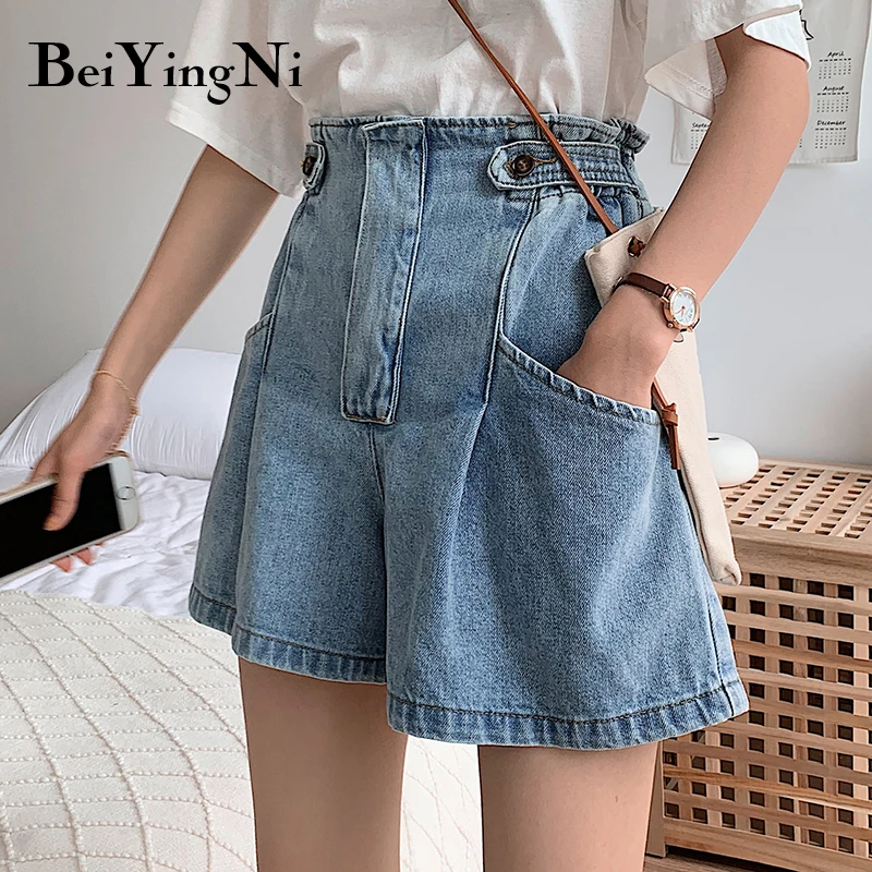 

Beiyingni Elastic High Waist Jeans Shorts Womens Blue Casual Loose Wide Leg Shorts Jean Buttons Plus Size L-4XL BF Denim Shorts
