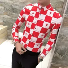 Корейская клетчатая рубашка с принтом Высококачественная Мужская одежда новая мужская рубашка с длинными рукавами Camisa Masculina Camisa Homem синяя Весна