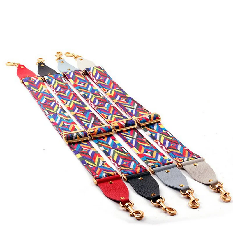

90-120*4cm Adjustable Handbag Shoulder Straps Bohemi Leather&Nylon Patchwork Belts Riveting Replacement Strap for Messenger Bags