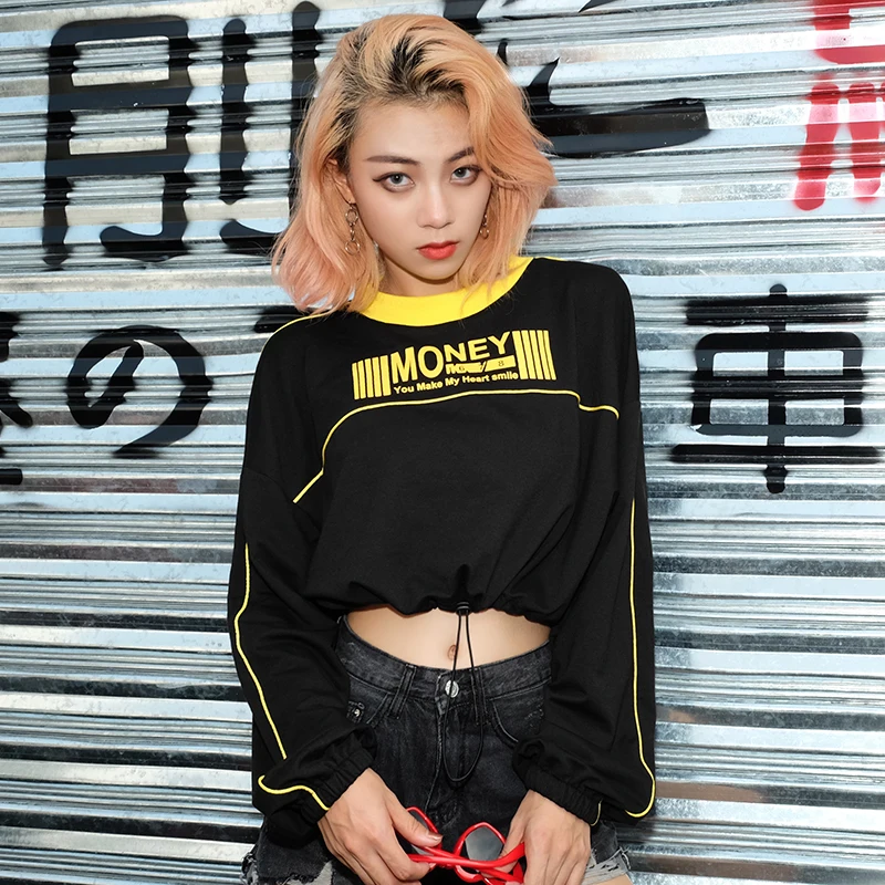 Darlingaga streetwear fashion short sweatshirt women letter print drawstring waist autumn winter cropped sweatshirts hoodie 2018 Hoodies