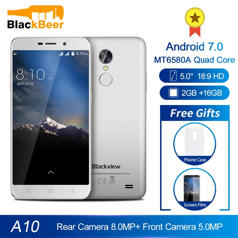 Blackview A10 5,0 дюймов ips HD смартфон четырехъядерный MT6580A Android 7,0 мобильный телефон 2 Гб ОЗУ 16 Гб ПЗУ мобильный телефон 2800 мАч WCDMA GSM