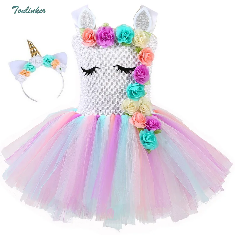 Girls Unicorn Flowers Tutu Dress With Headband Cotton Lining Matching Horn Hair Hoop Set for Kids Birthday Theme Party Dress