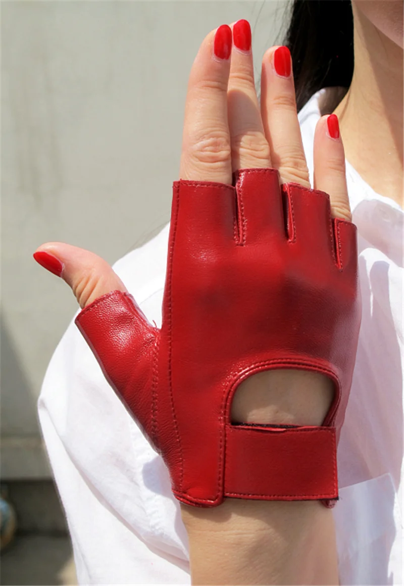 Женские перчатки с открытыми пальцами из натуральной кожи, перчатки из чистой овчины, коричневые, белые, красные женские перчатки без пальцев, TB10