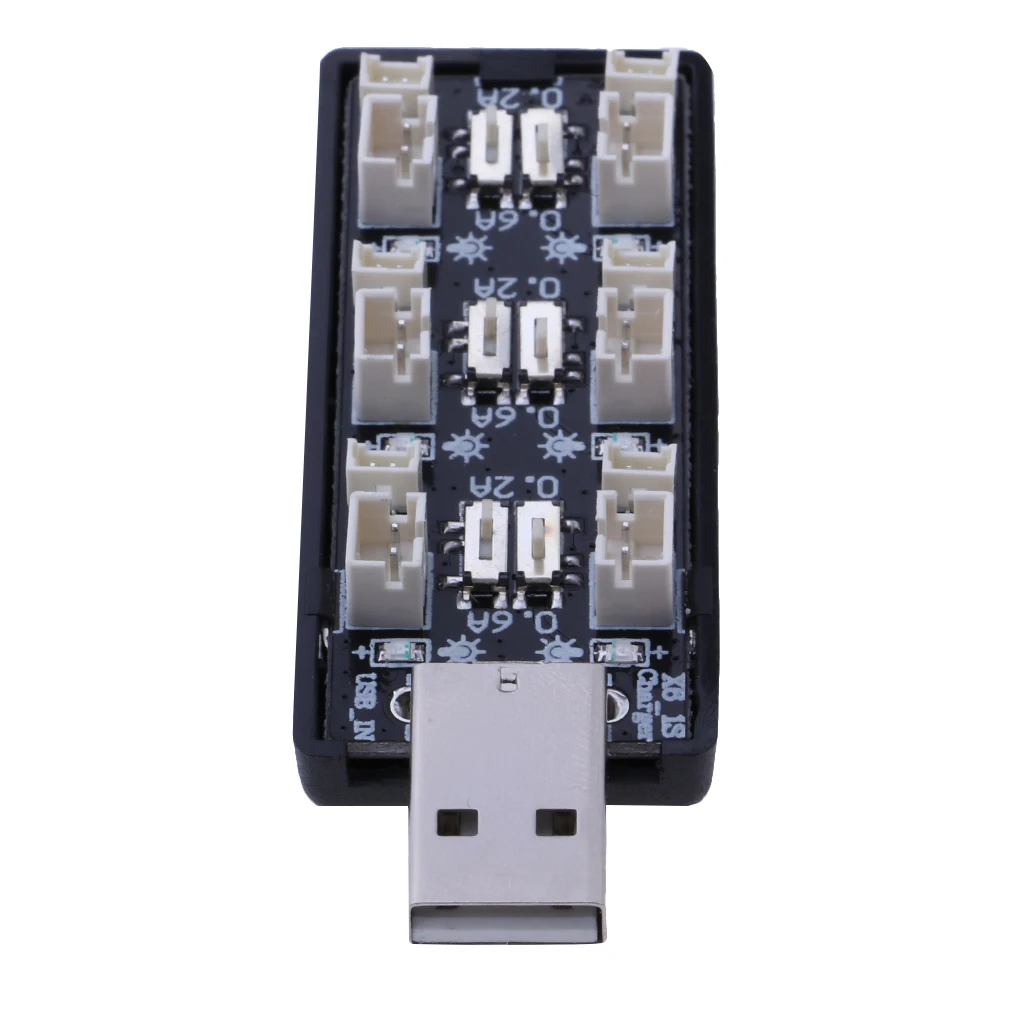 Détail des connecteurs Micro JST 1.25 et JST-PH 2.0 sur le chargeur USB 6 canaux pour batteries LiPo 1S 3.7V/4.2V.