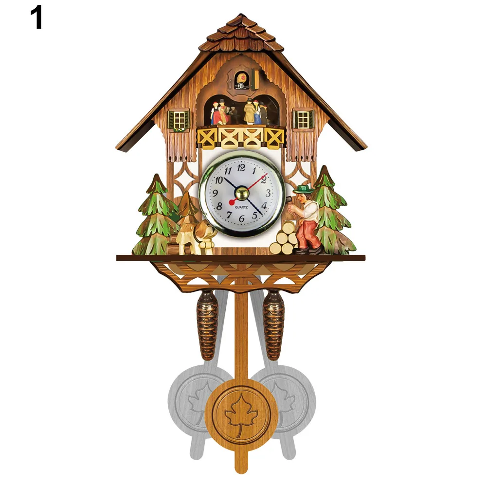 Антикварные деревянные настенные часы с огурцом птица время колокол качели будильник часы домашний декор - Цвет: A