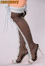 Newest Black Mesh Women Sexy Cut Out Over The Knee Boots Peep Toe Denim Patchwork Ladies High Heel Lace Up Boots Fashion Boots