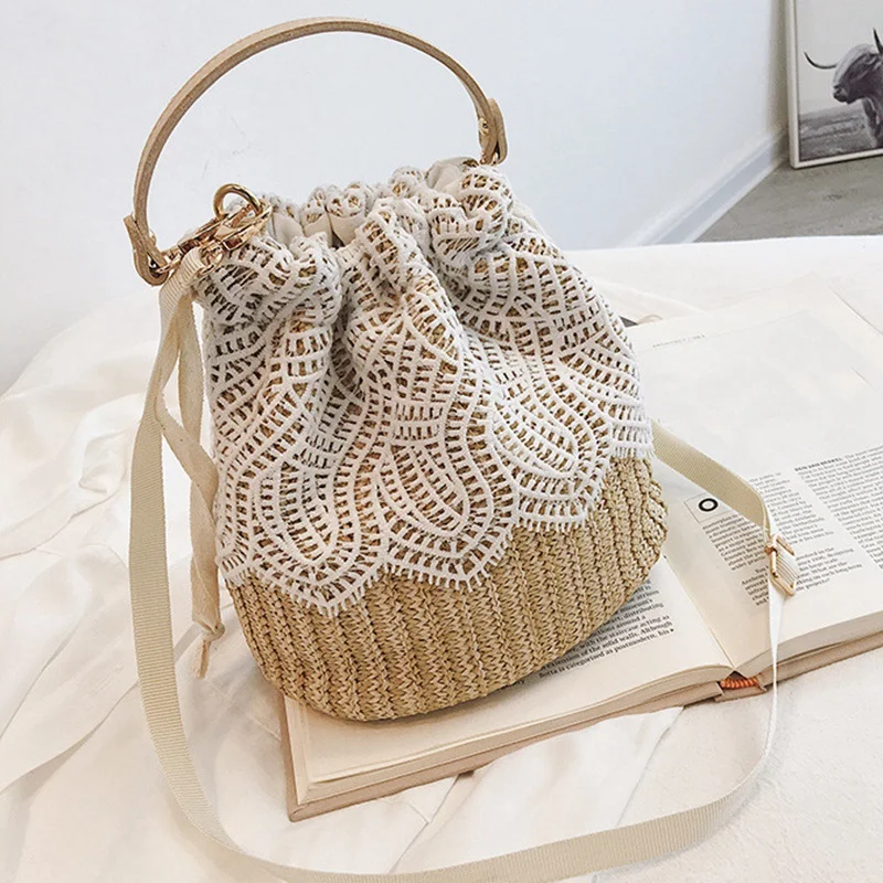 

FGGS-Women Lace Flower Straw Handbag Tote Summer Holiday Woven Bucket Bag Shoulder Bag Crossbody Bag,Leaf