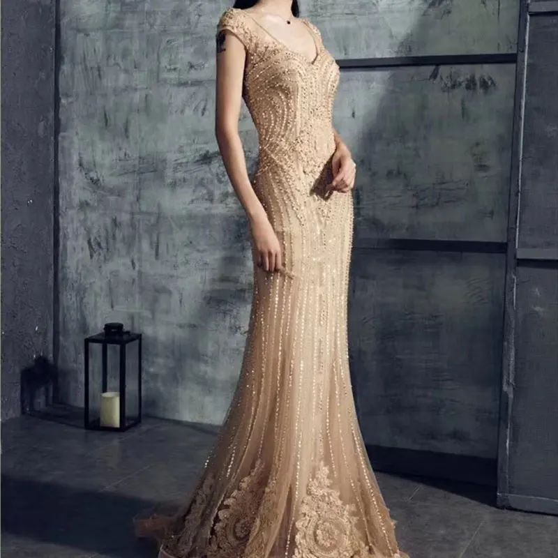 

Advanced customization bridal wedding costume hallow out beading shining fancy evening gown champagne fishtail party dress
