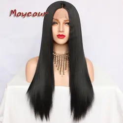 Maycaur черные волосы синтетические кружева спереди парики длинные прямые термостойкие волокна Glueless яки Стиль Прямые волосы для женщин