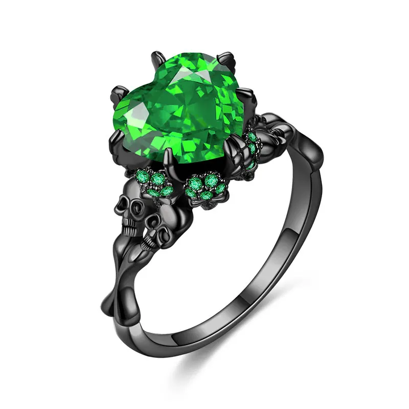 

Vintage Heart Red Zircon Stone Skull Rings Fashion Black Jewelry Women Men's Punk CZ Skeleton Ring For Party Dropshipping