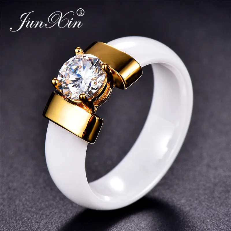 JUNXIN Female Male Black White Ceramic Rings For Couples Silver Gold Metal Round Zircon Crystal Wedding Rings For Men Women Gift