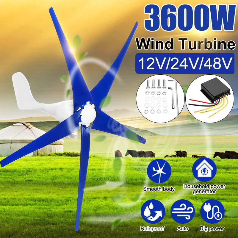 

3600W 12V/24V 48V 3/5 Nylon Blades Fiber Wind Turbines Generator Fit with Wind Controller Gift for Home lights Or Boat