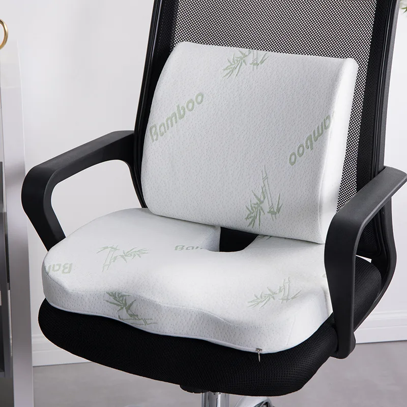Kopen 2 In 1 Bamboevezel Memory Foam Zitkussen Rugkussen Trage Rebound Taille Ondersteuning Set voor Home Office Gezondheid zorg Stoel Pad