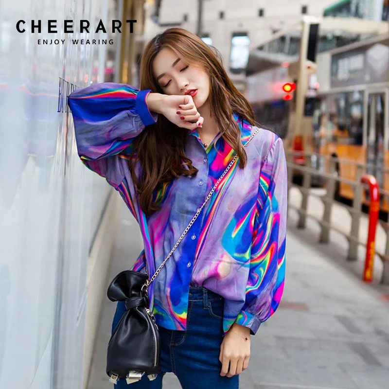 Женская блузка с голографическим принтом Cheerart разноцветная Свободная рубашка