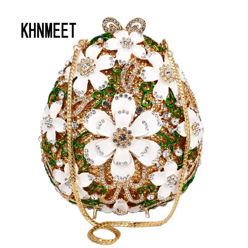 

Newest Luxury Crystal White Flower chain evening bag Egg Shape Chain Day Clutches Handbags Women rhinestone Prom Purse SC629