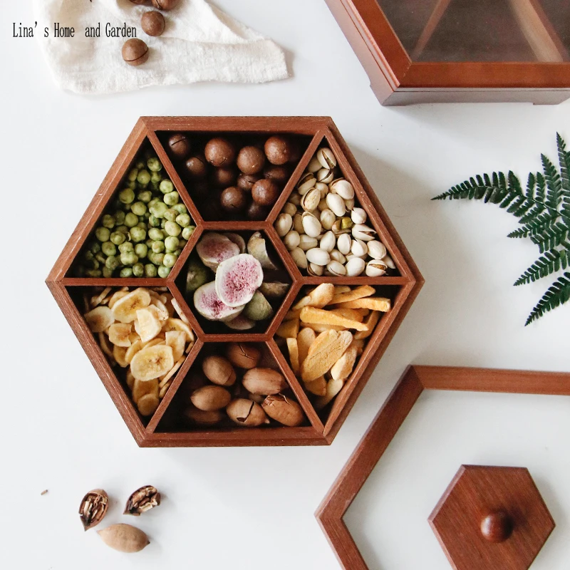 hexagonal antique Chinese solid wood compartment food serving tray with clear lid (4)