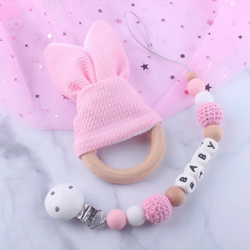 

Customized Baby Name Silicone Beads Pacifier Clips Holder Soother Chain and Teething Ring 2Pcs/Set