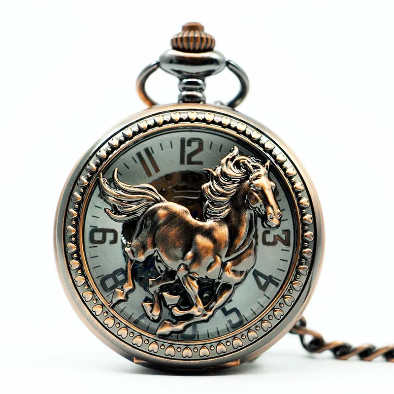 Rose Copper Hollow Horse Pocket Watch Chian Arabic Numerals White Dial