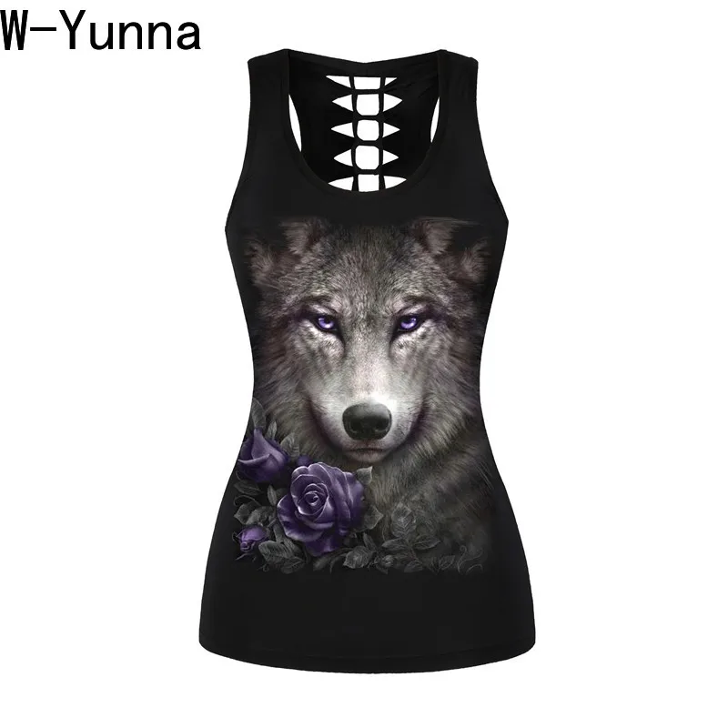 

W-Yunna New Arrival Wolf Print Tank Top Women Black Slim O-neck Sports Tops Backless Sexy Summer Streetwear Top Tees Female