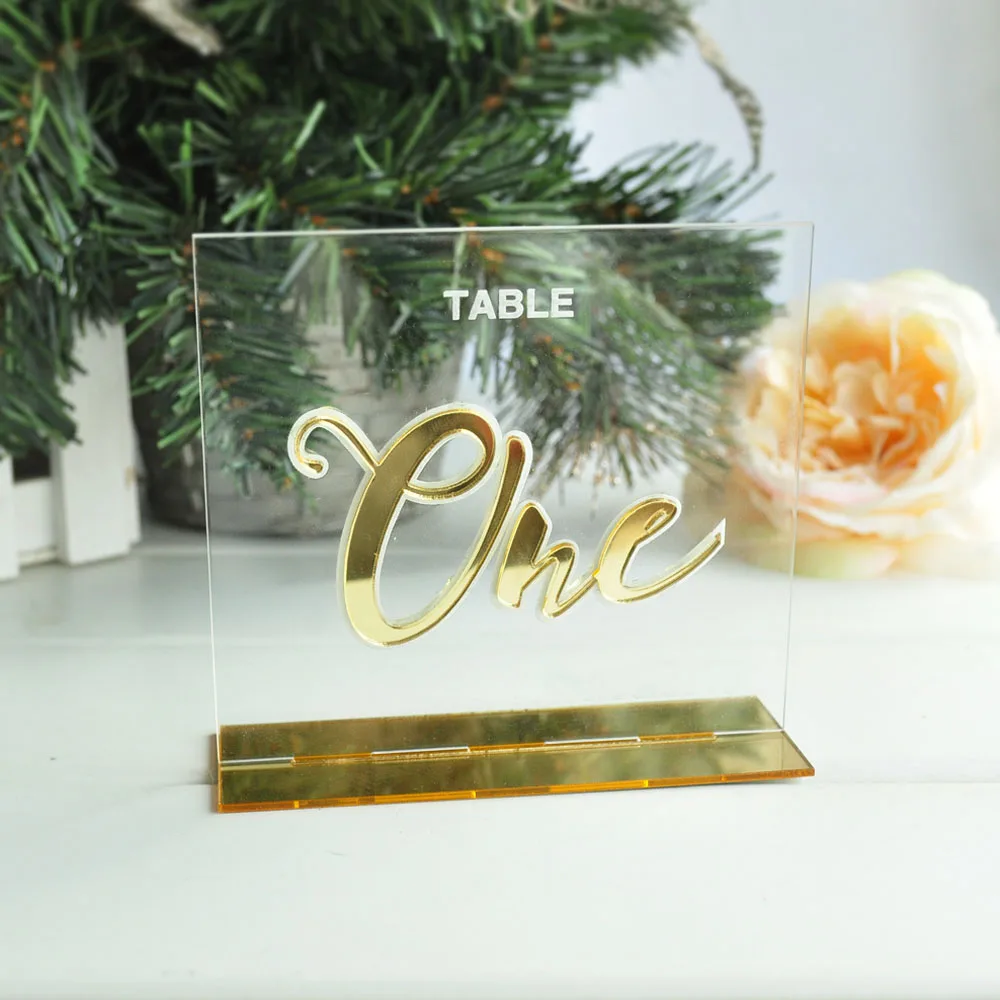 

Personalized Wedding Table Numbers Calligraphy Gold Mirror Clear Acrylic Wedding Signs Number Holders Engraved Tag