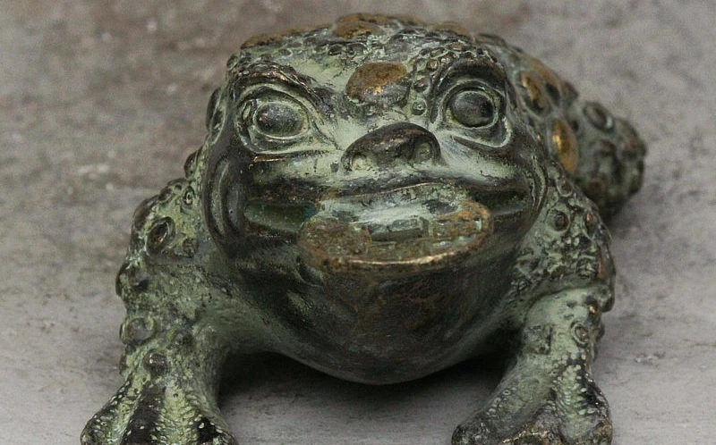 

6" Old China Folk FengShui Bronze Gilt Wealth Golden Toad Bite Money Coin Statue