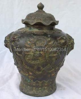 

13"Marked Chinese Bronze 8 auspicious symbol Dragon Lion Vase Bowl Pot Sculpture