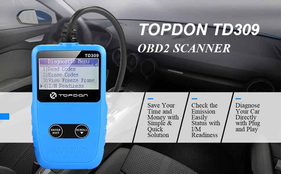 TOPDON TD309 автомобильный считыватель кодов 12 В OBD2 EOBD сканер диагностический инструмент замораживание рамки I/M готовности выключить MIL для DTCs
