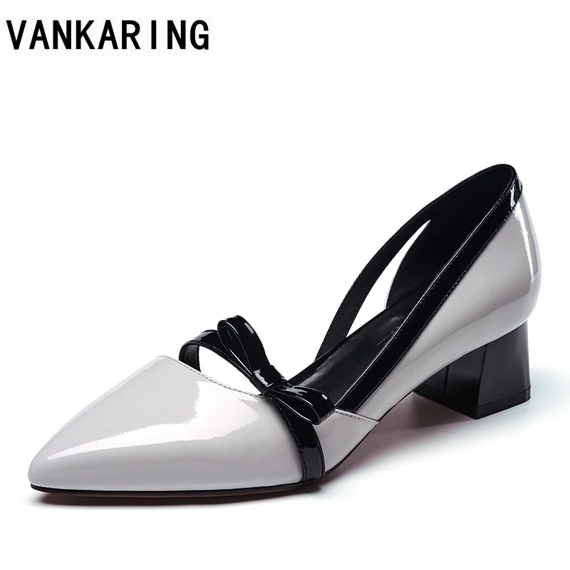 

VANKARING hot 2018 women pumps shoes new fashion middle heels genuine leather bowknot pointed toe shoes ladies sweet dress