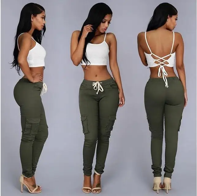 

LIENZY Summer Casual Multi Pocket Pants High Waist Solid Lacing White Red Army Khaki Shiny Pencil Pants Capris Women Trousers