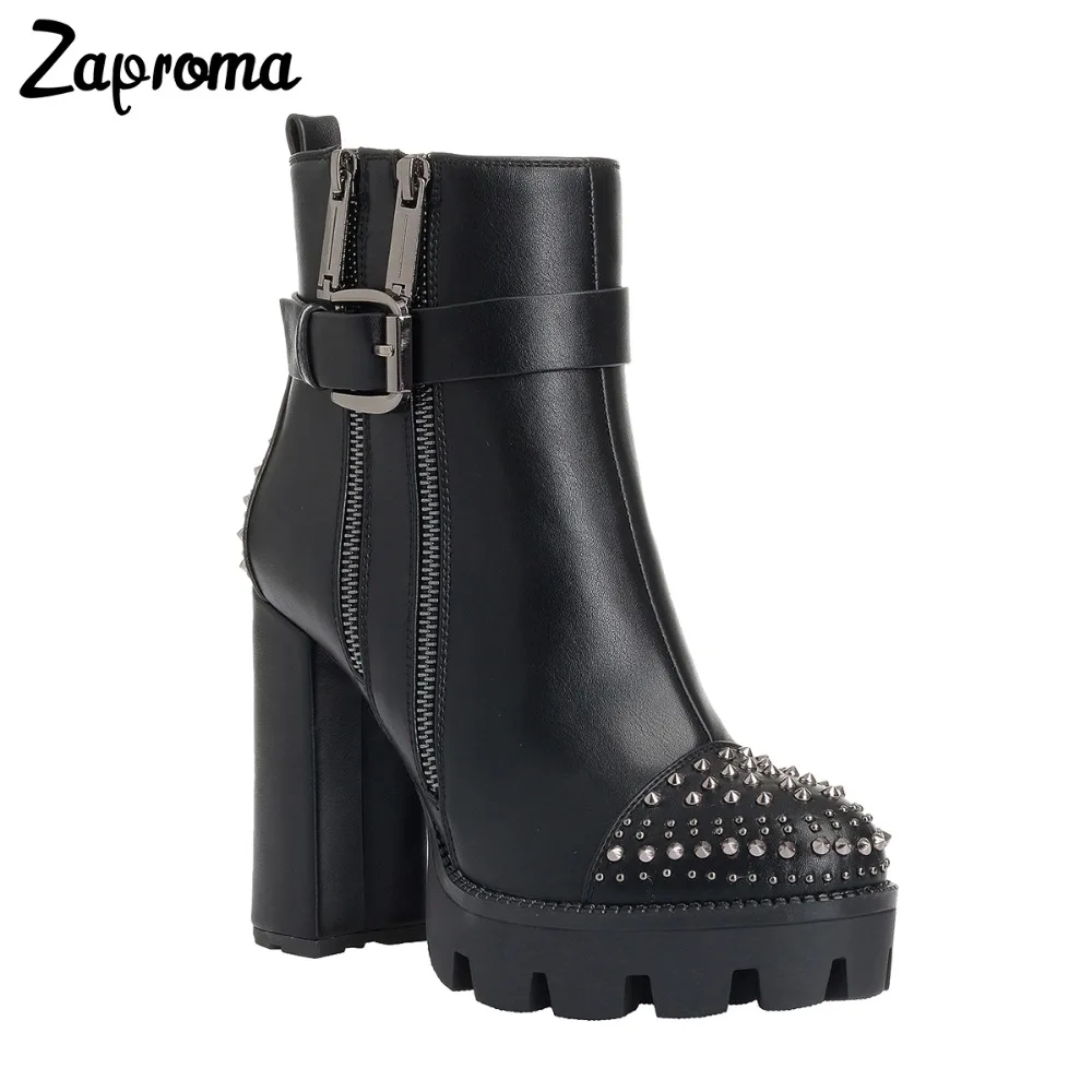 

2019 Trendy Quality Handmade High Heel Rivet Ankle Boots Ladies Zipper Chunky Heel Gothic Spring Autumn Shoes Woman Platform
